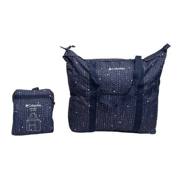 Columbia Bolso de Mano Tote Bag plegable Packable tote color: Azul con puntos blancos.